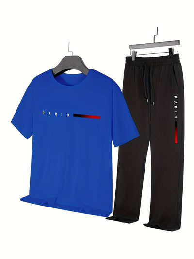 Men'S Casual Sports Two-Piece Set Short Sleeve Top Straight Leg Pants with Paris Print, Fashionable And Trendy, Ideal for Summer, Parties, Casual Outings, And Everyday Wear, Everyday Wear|Short Sleeve Top|Print Trousers