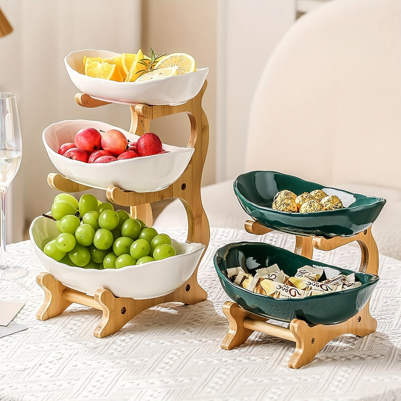 2/3-Tier Fruit Basket with Wooden Stand - Kitchen Organizer for Fruits & Vegetables,Home decor,fruit basket for kitchen counter,Large-Capacity Layered Fruit Basket,European-Style Dried Fruit Tray, Bamboo Wooden Rack Household