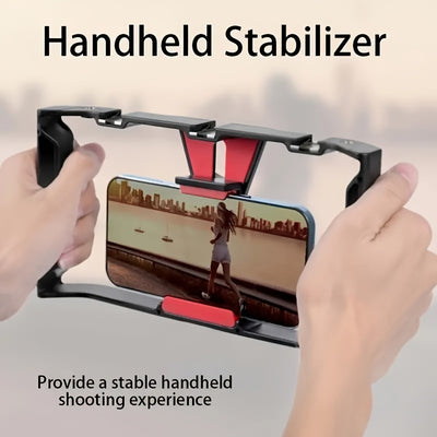 1pc Handheld Phone Stabilizer with Rotating Gimbal, Smartphone Micro Stand and Fill Light for Live Streaming/Photography Recording. Features Three Cold Shoe Mounts & Multiple 1/'10.16cm Extensions - Compatible w Apple Huawei