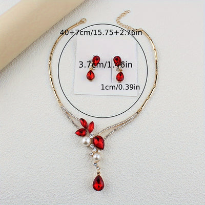 Elegant Golden-Tone Jewelry Set with Red Glass & Rhinestone - Includes Earrings, Necklace, Ring - Zinc Alloy, Sparkling Bridal & Party Accessories, Ideal for Weddings, Mother'S Day, and Special Occasions - Chic & Sophisticate
