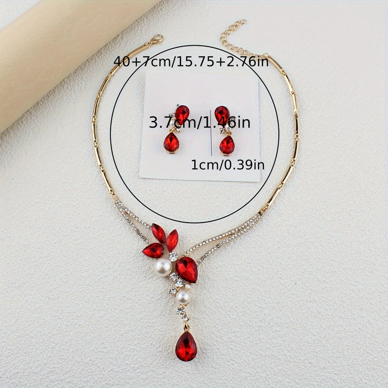 Elegant Golden-Tone Jewelry Set with Red Glass & Rhinestone - Includes Earrings, Necklace, Ring - Zinc Alloy, Sparkling Bridal & Party Accessories, Ideal for Weddings, Mother&