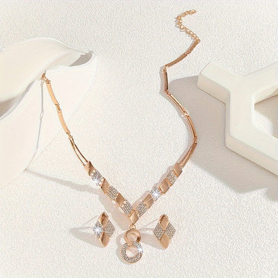 3pcs Golden-Plated Luxury Jewelry Set with Rhinestones - Alloy Vacation Style, Perfect for Weddings and Valentine's Day Gifts - Necklace & Earrings