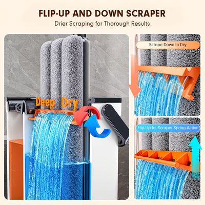 JOYBOS Hands-Free Mop and Bucket Set with 2 Washable Cloths - Heavy-Duty ABS/SS/Polypropylene, Wet & Dry Floor System with Water Filling & Design, Space-Saving Modern Mop for Vinyl Floors, Ideal for Living Room, Bedroom, Kitc