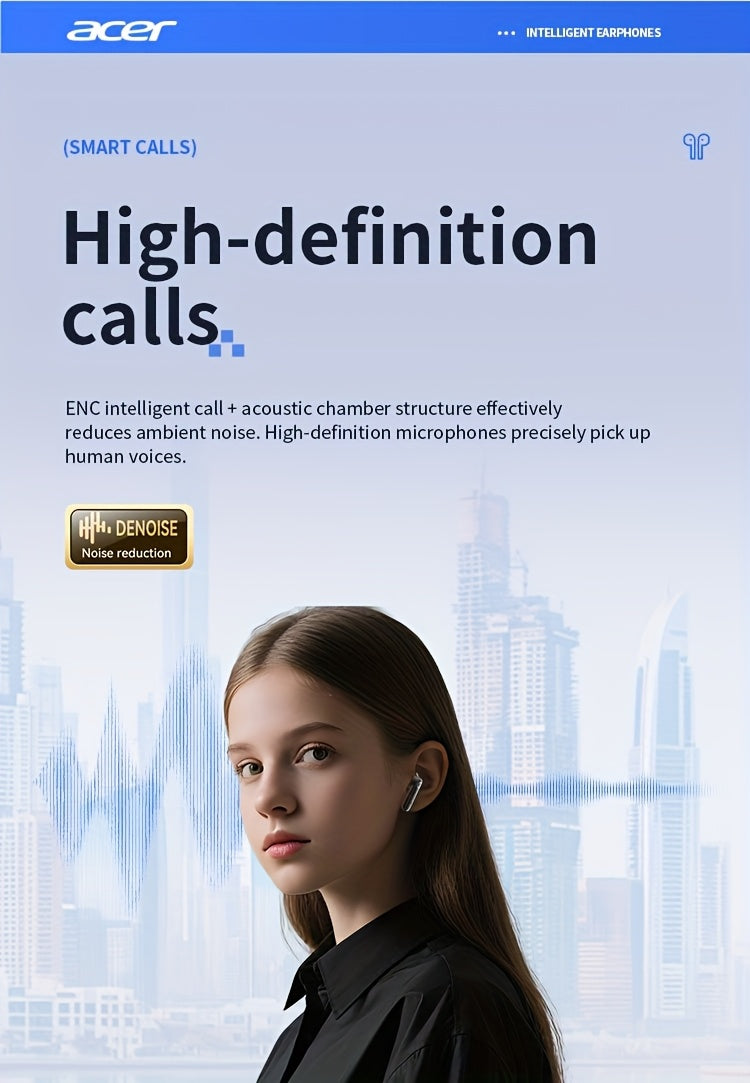 ACER HiFi High-definition Stereo Sound TWS Wireless Earbuds with Call Noise Cancellation, Long Standby Time, Dual Core 5.4 Wireless Chip, HIFI Grade Stereo Sound, Lightweight Touch Design, Fashionable Design, Comfortable for