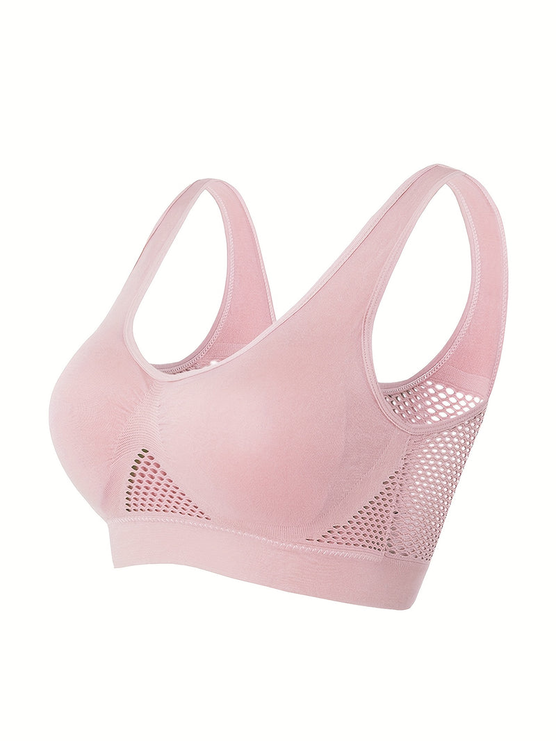1pc, Esselegance, Sports Bra, Vest, No Rims, with Chest Pads, Mesh, Breathable, High Elasticity, Yoga, Running