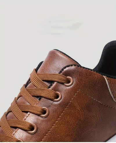 Men's Solid Lace-up Skateboard Shoes With PU Leather Uppers, Fashion Comfortable Non-slip Outdoor Shoes Walking Jogging Sneakers