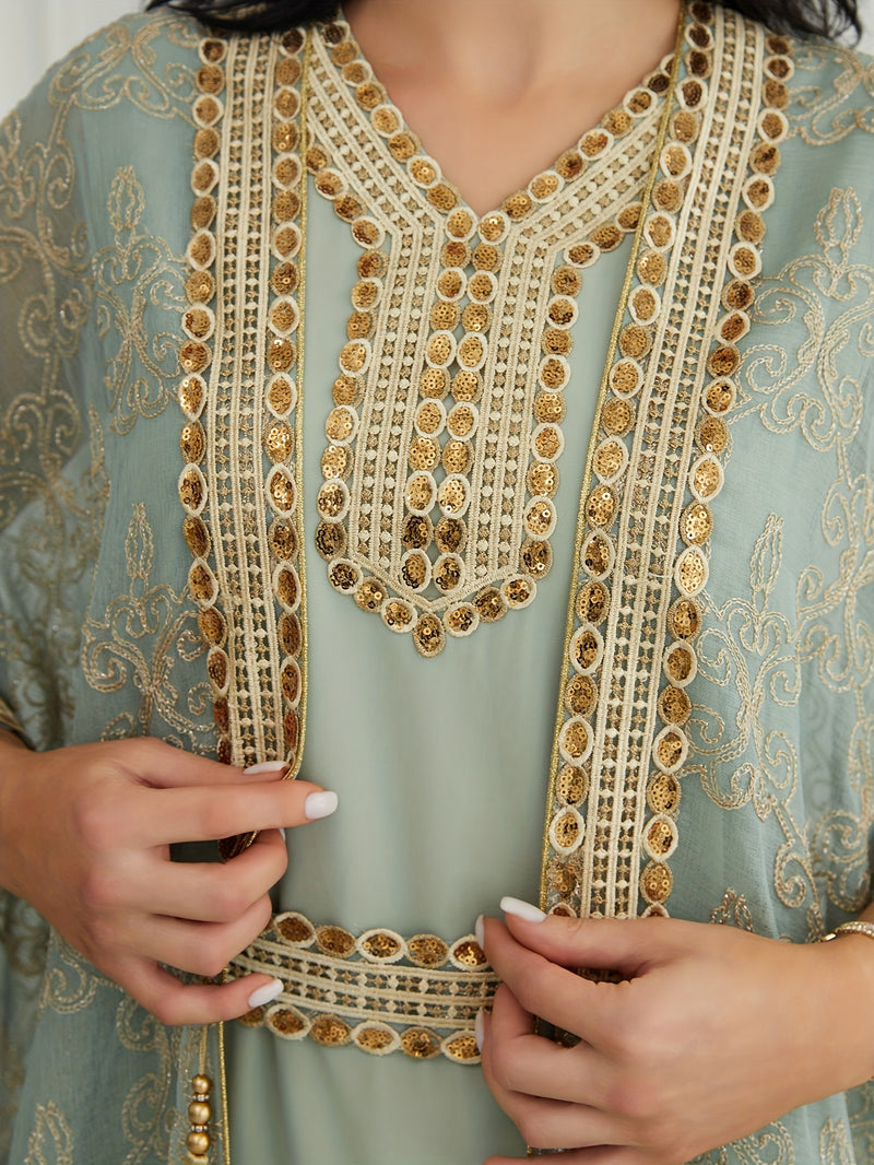 Oriental Style Sequined Lace Two-Piece Mesh Abaya Dress for Women, Middle Eastern Traditional Long Robe