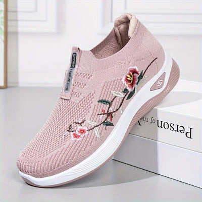 Women's Versatile Breathable Knitted Sneakers With Embroidered Floral Design, Comfortable Casual Sports Shoes