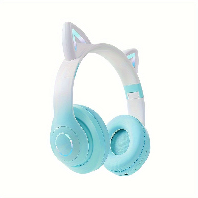 URIZONS Wireless Cat Ear Headphones TWS and Wired Mode Foldable Gaming Headset with Mic, RGB LED Light, Compatible with Mobile Phones PC Tablet