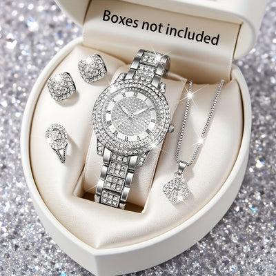 5pcs Luxury Women's Quartz Watch and Jewelry Set - Elegant Rose Golden-Tone Square Bezel, Interlocking Link Bracelet, -Accented Dial, Heart-Shaped Locket & Matching Earrings - Glamorous Gift Box Included, Perfect for Casual A