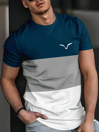 1pc Men'S Casual Crew Neck T-Shirt, Geometric Striped Print, Breathable Polyester Knit Fabric, Short Sleeve Sports Tee for Spring/Summer, Street Fashion Style