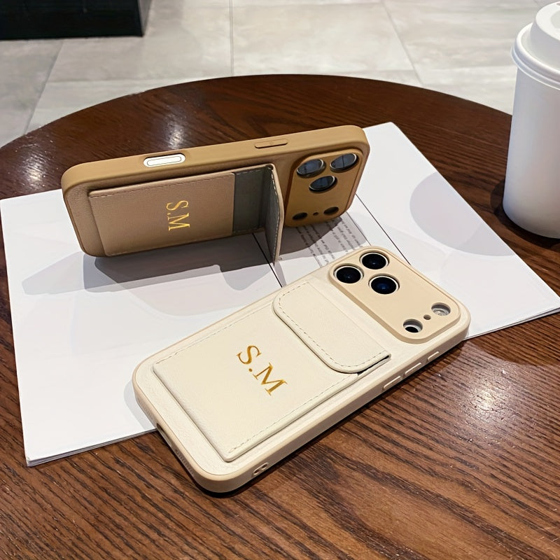 Personalized Customized Letter Faux Leather Card Holder Phone Case for Iphone 17 16 15 14 Plus 13 12 11 Pro Max 17Air Shockproof Lens Protective Cover
