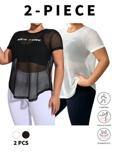 Plus Size Fashion Sports Yoga Letter Print Striped Mesh T-Shirt Two-Piece Set