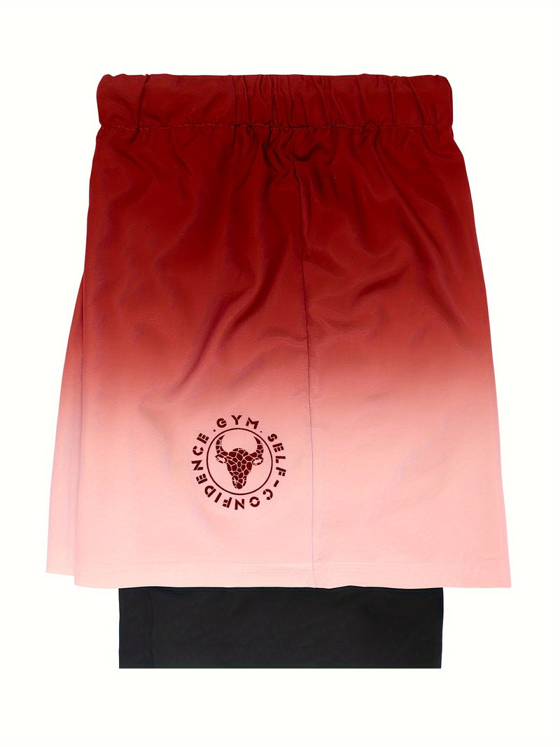 2-in-1 Double Layer Ombre Shorts - High Stretch, Drawstring Waist, Side Pocket, Breathable, Quick-Drying, Comfortable, Mens Sports Shorts for Summer Gym Workout, Training, and Fitness - GYM Pattern Print, Bull Design