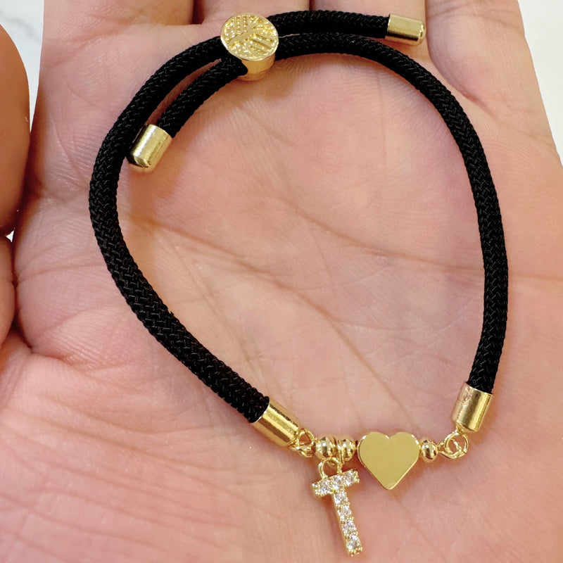 18K Golden Plated Heart Charm Bracelet with Synthetic Zirconia Letter Pendants A-Z, Simple Classic Black Polyester Cord, Adjustable for Daily Wear and Gift-Giving