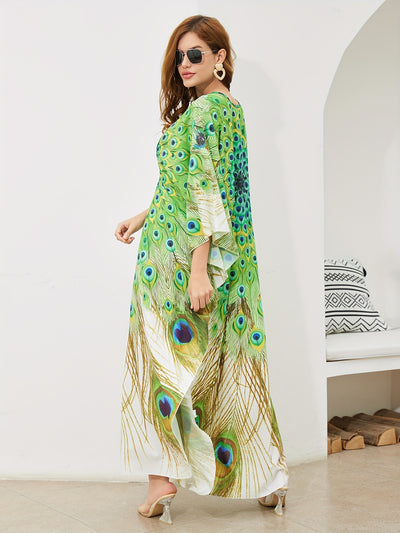 peocock printed women beach kaftans handmade waved maxi dresses bikini cover ups for swimwear bathing suits