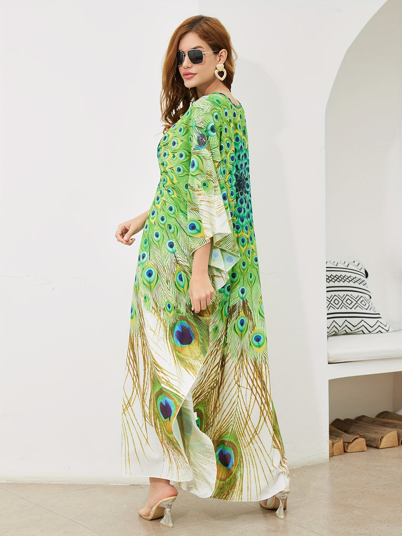 peocock printed women beach kaftans handmade waved maxi dresses bikini cover ups for swimwear bathing suits