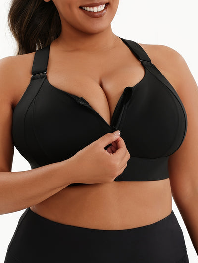 A Women'S Front-Zip Sports Bra, Featuring High Support And Plus Sizes, with Adjustable Straps, Suitable for Yoga, Fitness, And Workouts.