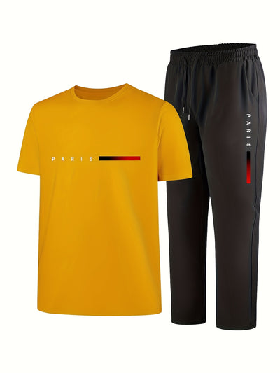 Men'S Casual Sports Two-Piece Set Short Sleeve Top Straight Leg Pants with Paris Print, Fashionable And Trendy, Ideal for Summer, Parties, Casual Outings, And Everyday Wear, Everyday Wear|Short Sleeve Top|Print Trousers