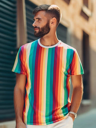 1pc Men'S Casual Crew Neck T-Shirt, Geometric Striped Print, Breathable Polyester Knit Fabric, Short Sleeve Sports Tee for Spring/Summer, Street Fashion Style