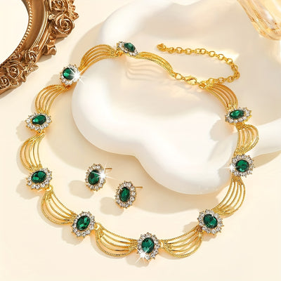 Pair of earrings + a green rhinestone necklace, blingbling sparkling luxury jewelry set, perfect for dance parties and gifting