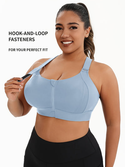A Women'S Front-Zip Sports Bra, Featuring High Support And Plus Sizes, with Adjustable Straps, Suitable for Yoga, Fitness, And Workouts.