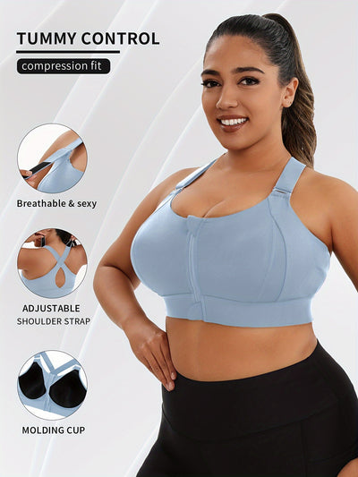 Women'S Plus Size High-Elasticity Sports Bra with Zipper - Blue, Non-Removable Padding, Adjustable Shoulder Straps, Ideal for Yoga & Pilates, Plus Size Yoga Apparel|Sleek Bralette|Comfortable Fit, Plus Size Yoga Apparel