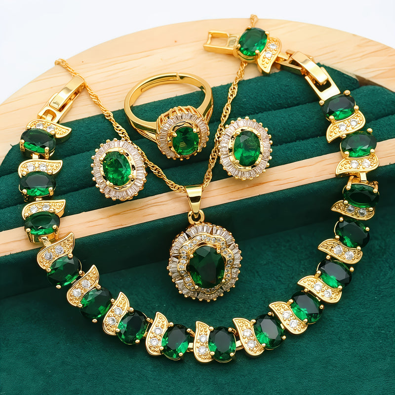 5pcs Elegant Geometric Cubic Synthetic Synthetic Synthetic Zircon Jewelry Set - Plated, Green & Clear Faux Faux Gemstones, Perfect for Valentine&