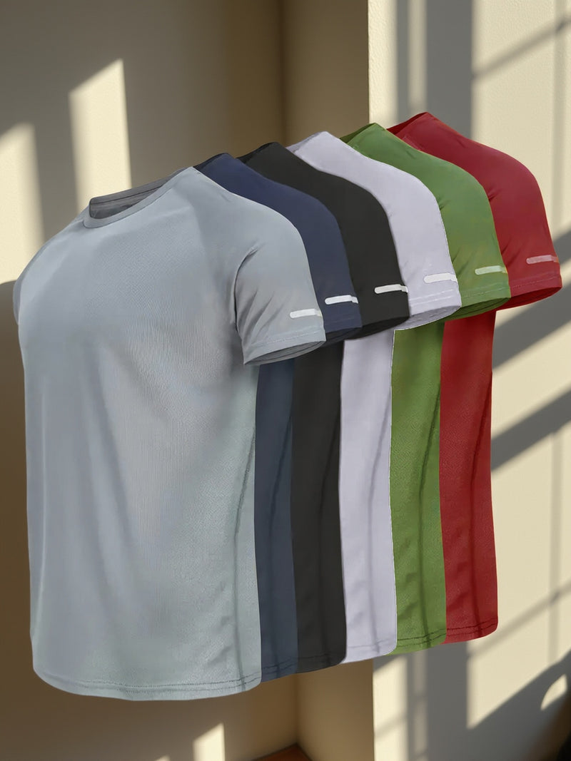 6pcs Moisture-Wicking Quick-Dry Athletic T-Shirts with Reflective Stripes - Breathable Gym Running Shirts in Grey/Navy/Black/White//Red, Workout Shirts, Casual Sporty Look, Breathable Fabric, Smooth Texture Shirt, Sports Perf