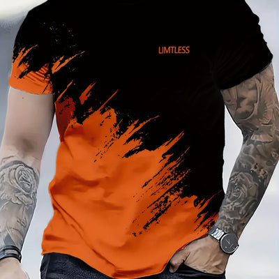 Men's Casual 3D Digital Print Short Sleeve T-Shirt - Black with Red & Gray Brush Stroke Design, Breathable Summer Tee, Regular Fit, Machine Washable, Casual Attire, Modern Textile Technology