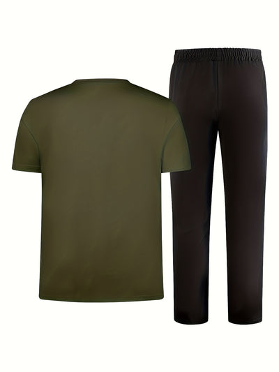 Men'S Casual Sports Two-Piece Set Short Sleeve Top Straight Leg Pants with Paris Print, Fashionable And Trendy, Ideal for Summer, Parties, Casual Outings, And Everyday Wear, Everyday Wear|Short Sleeve Top|Print Trousers