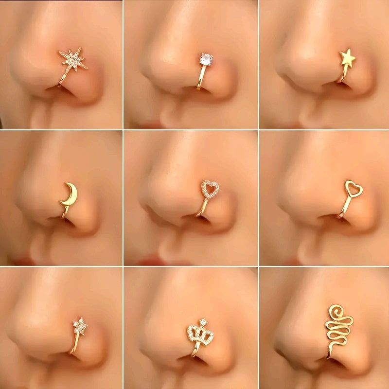 10pcs Set of Non-Piercing Nose Clips - Cute and Sexy Copper Cubic Synthetic Zirconia Design, U-shaped Heart, Crown, Butterfly and Star Patterns, Suitable for Daily Wear