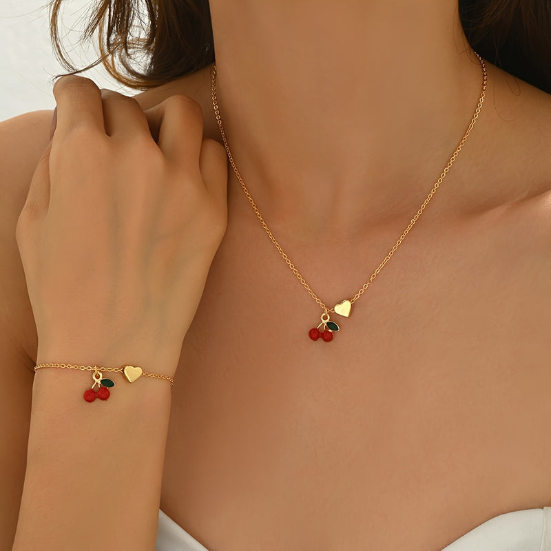 2pcs Set of Exquisite and Elegant Cute Cherry Heart Bracelet and Necklace Combo