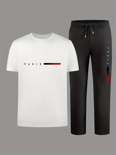 Men'S Casual Sports Two-Piece Set Short Sleeve Top Straight Leg Pants with Paris Print, Fashionable And Trendy, Ideal for Summer, Parties, Casual Outings, And Everyday Wear, Everyday Wear|Short Sleeve Top|Print Trousers