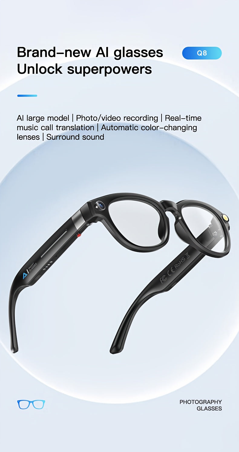 Q8 360° Surround Sound & HD Speakers Glasses with 360° Audio, HD Audio Quality, Dual-Channel Stereo Design, 360° Surround Sound Experience