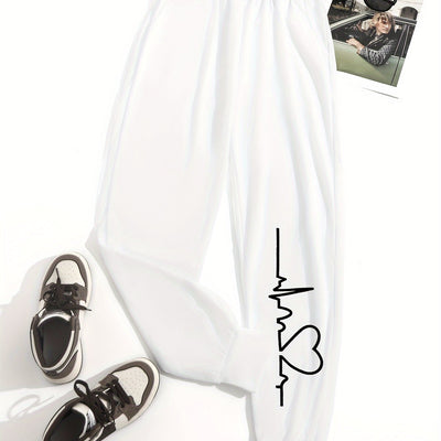 بنطلون رياضي مرن مطبوع عليه قلب للنساء، بنطلون رياضي عالي الخصر برباط، بنطلون كاجوال يومي، ملابس نسائية