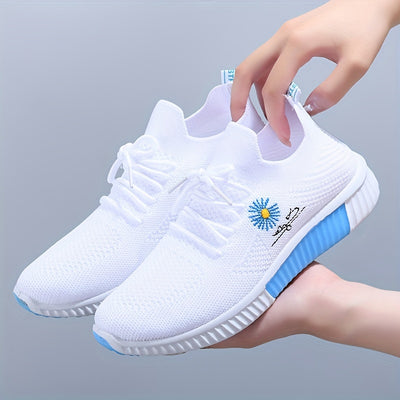 Women's Flower Pattern Sneakers, Breathable Flying Woven Outdoor Shoes, Lightweight Low Top Running Shoes