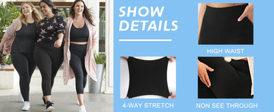 بنطال ليجنز كابري نسائي بمقاس كبير، خصر مرتفع للتحكم في البطن، مطاط 4 مرات، تفاصيل جيوب، أسود سادة، نسيج محبوك، بوليستر 92%، سباندكس 8%، 210 جم/م²، بنطال يوغا ضيق مناسب لجميع المواسم