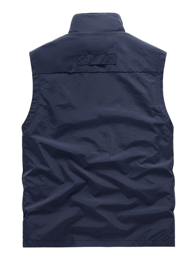 Men'S Navy Blue Sleeveless Vest with Stand Collar, Zippered Front & Side Pockets - Casual, Loose-Fit Outdoor Sports Vest for All Seasons, Polyester Fiber Lining, Perfect for Fall/Winter