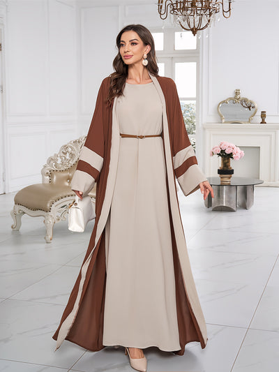 Breathable Light Beige-Friendly Fabric Color-Block Open Front Abaya with Sleeveless Inner Layer - Simple, Elegant, and Versatile Muslim Dress for Women's Daily Wear Parties, Suitable for Birthdays & Gatherings