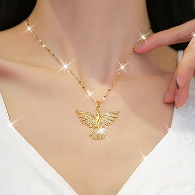 1pc Elegant 18K Golden Plated Eagle Pendant Necklace, Copper Base with 5A Zirconia Inlay, Tribal Hip Hop Style, Daily Wear Clavicle Chain for Women