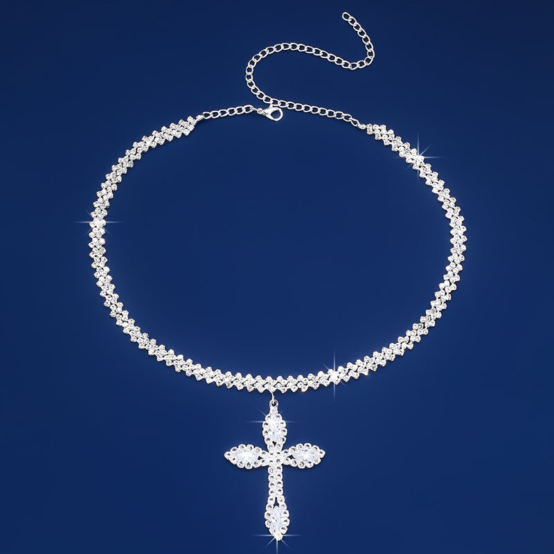 Luxury Sparkle Full Of Rhinestones Cross Pendant Necklace Silver Color Religious Neck Jewelry Gift