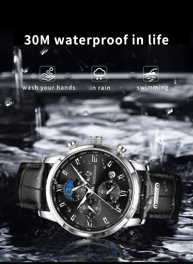 ساعة LIGE للرجال فاخرة من جلد البولي يوريثان رياضية كوارتز ساعة كرونوغراف للرجال هدية عيد الميلاد