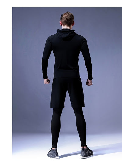 5pcs Men's Athletic Set - Polyester & Spandex Blend, High Stretch Knit Fabric, Hooded Zip-Up Jacket, Printed Sports Vest, Compression Long Sleeve Top, Shorts & Leggings for Running, Basketball, Training - Four Seasons Workout