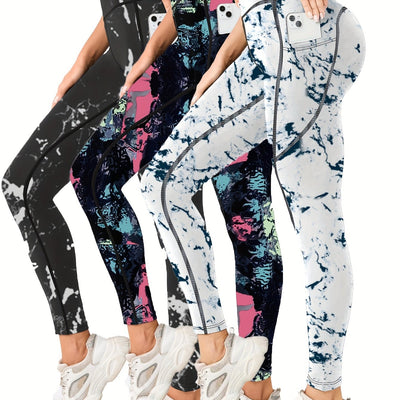 3pcs High-Waist Tummy Control Yoga Leggings with Pocket - Butt Lifting, Stretchy Sports Pants in Vibrant & Subdued Print for Women