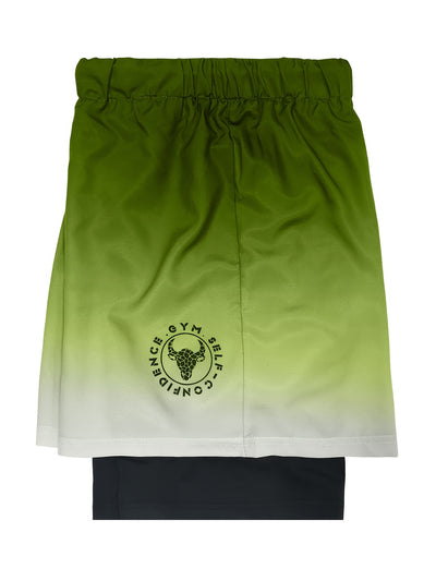 2-in-1 Double Layer Ombre Shorts - High Stretch, Drawstring Waist, Side Pocket, Breathable, Quick-Drying, Comfortable, Mens Sports Shorts for Summer Gym Workout, Training, and Fitness - GYM Pattern Print, Bull Design