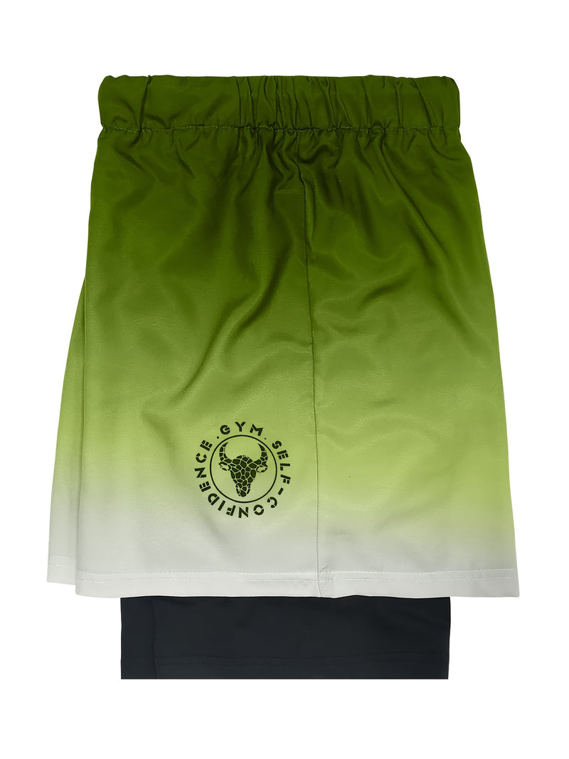 2-in-1 Double Layer Ombre Shorts - High Stretch, Drawstring Waist, Side Pocket, Breathable, Quick-Drying, Comfortable, Mens Sports Shorts for Summer Gym Workout, Training, and Fitness - GYM Pattern Print, Bull Design