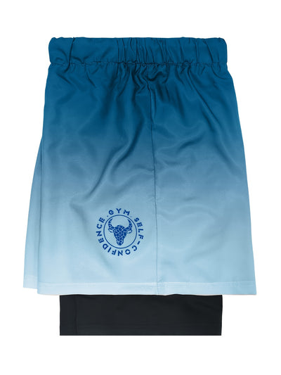 2-in-1 Double Layer Ombre Shorts - High Stretch, Drawstring Waist, Side Pocket, Breathable, Quick-Drying, Comfortable, Mens Sports Shorts for Summer Gym Workout, Training, and Fitness - GYM Pattern Print, Bull Design