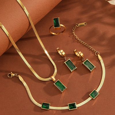 5pcs Elegant Golden-Tone Stainless Steel Jewelry Set with Green Zirconia - Includes Necklace, Earrings, Ring, and Bracelet - Perfect for Women'S Daily Wear or Gifting, Jewelry Set