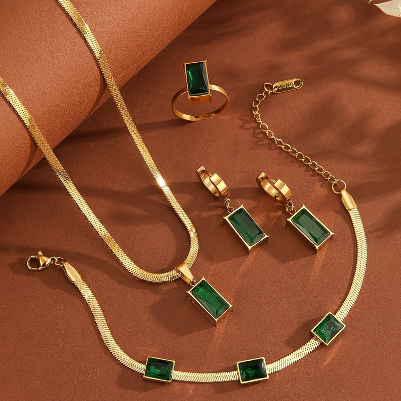 5pcs Elegant Golden-Tone Stainless Steel Jewelry Set with Green Zirconia - Includes Necklace, Earrings, Ring, and Bracelet - Perfect for Women&